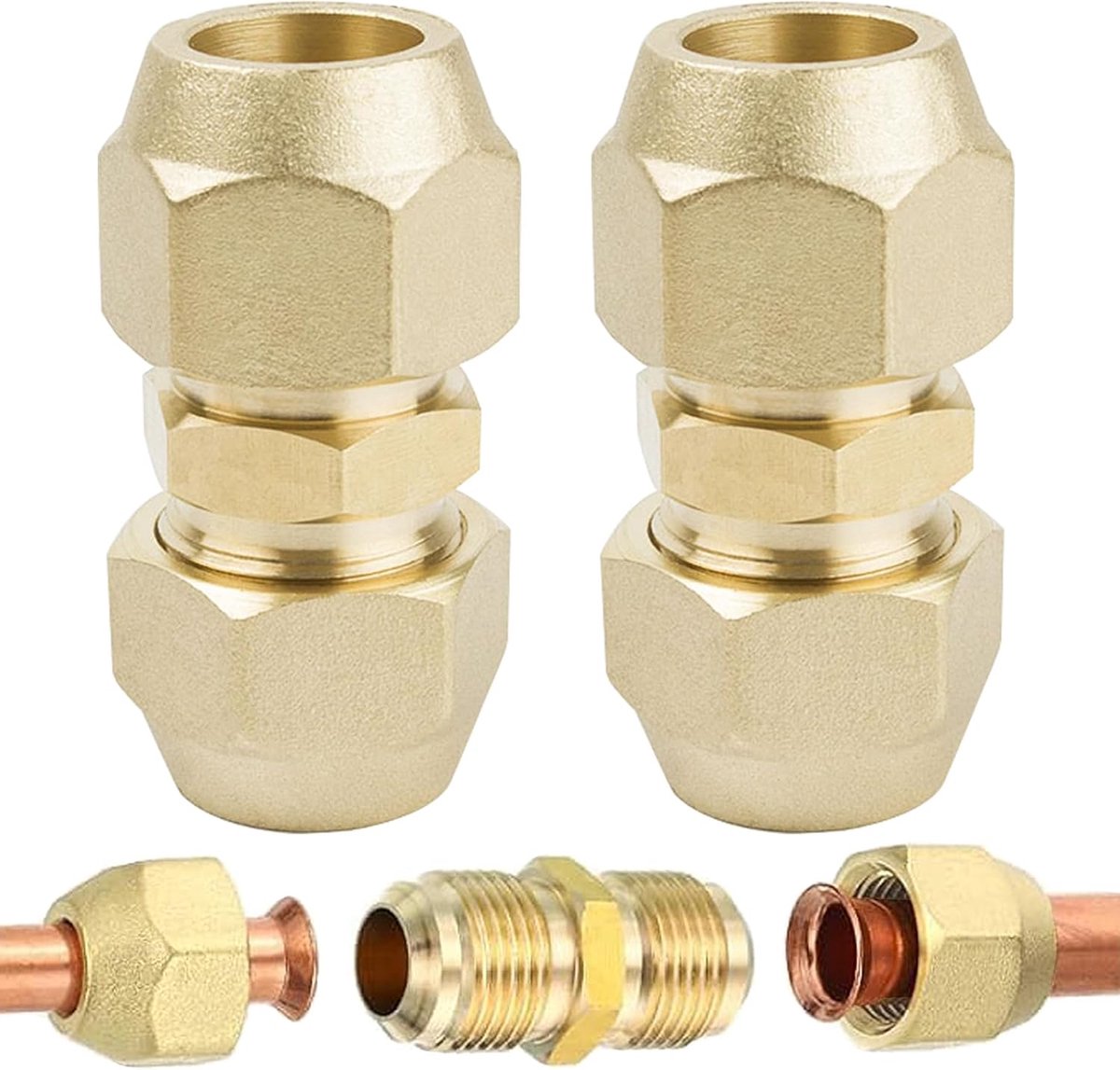 2 Stuks 1/2 Inch Koperen Buisverbinder, Dubbele Nippel voor Koperen Buizen, Met Moer, Messing Koperen Buisverlenging voor Sanitair(Goud)