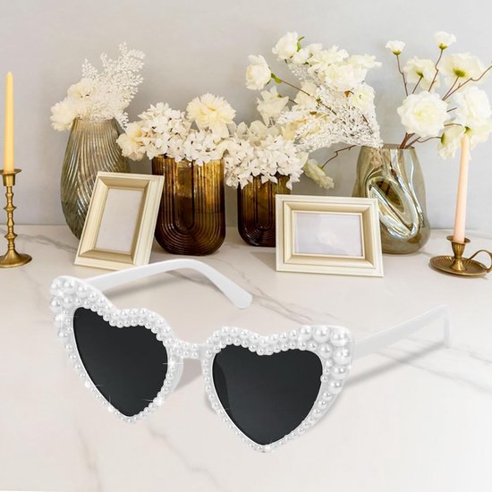Bruiloftsbril met hart, retro damesbril, met parels, White Love Heart, zonnebril, bruiloftsdecoratie, voor bruiloft, vrijgezellenfeest, carnaval, enz — afbeelding 5