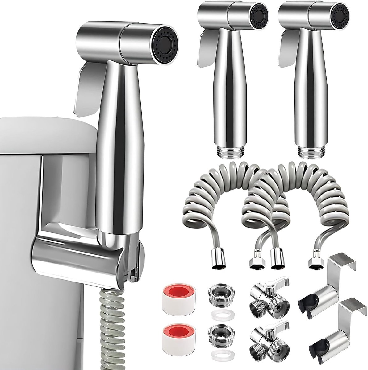 Set van 2 bidet handdouche roestvrij staal, toiletsproeier, 304 handdouche toilet, douche voor badkamerhygiëne, wastafel douche met slang, kraandispenser, veerslanghaak