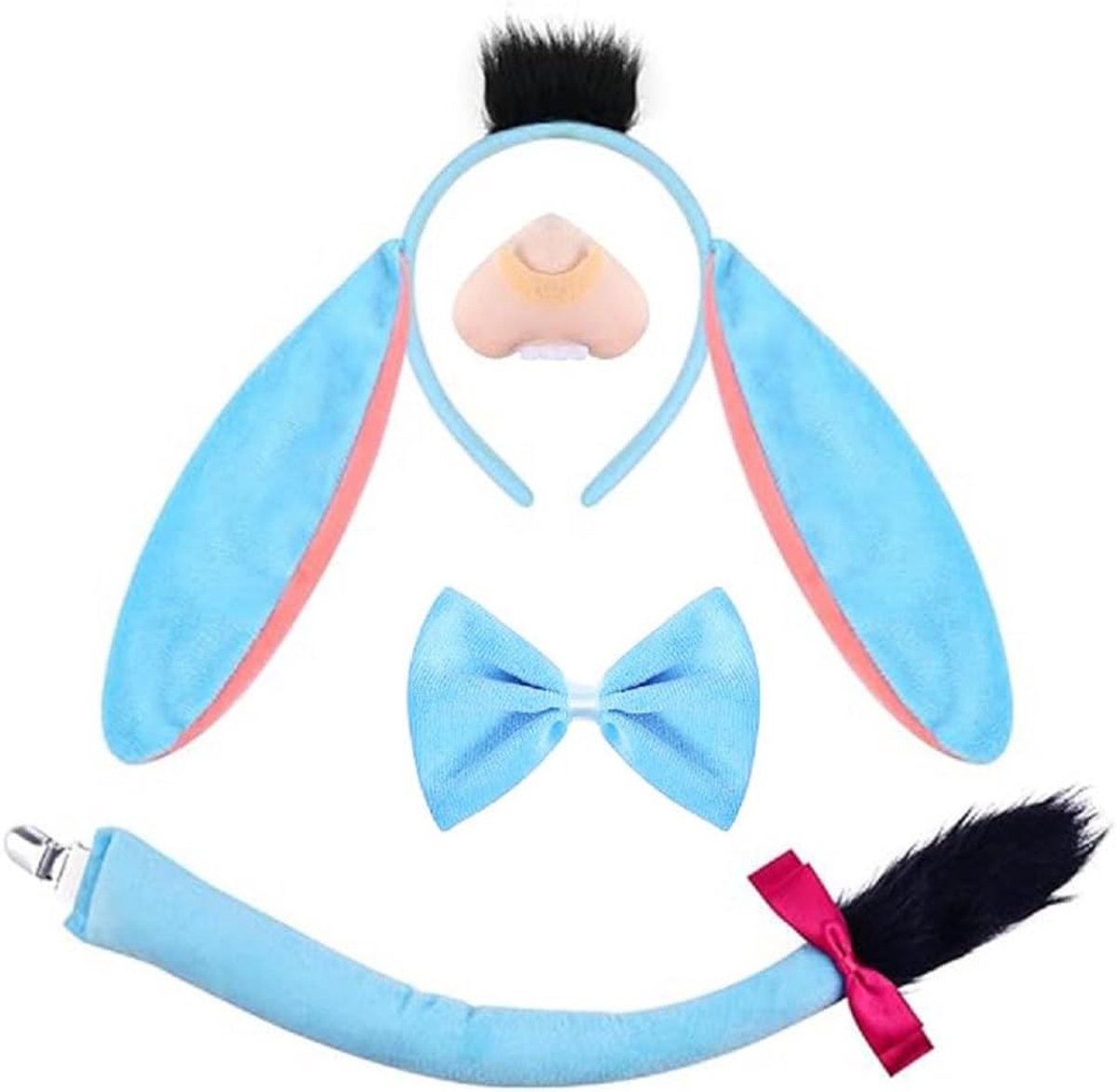 Ezelkostuum voor volwassenen, ezelorenkostuum voor volwassenen en kinderen, oren, staart en stropdas, cosplay-accessoires voor carnaval, Halloween, Kerstmis, verjaardag, feest, eenheidsmaat