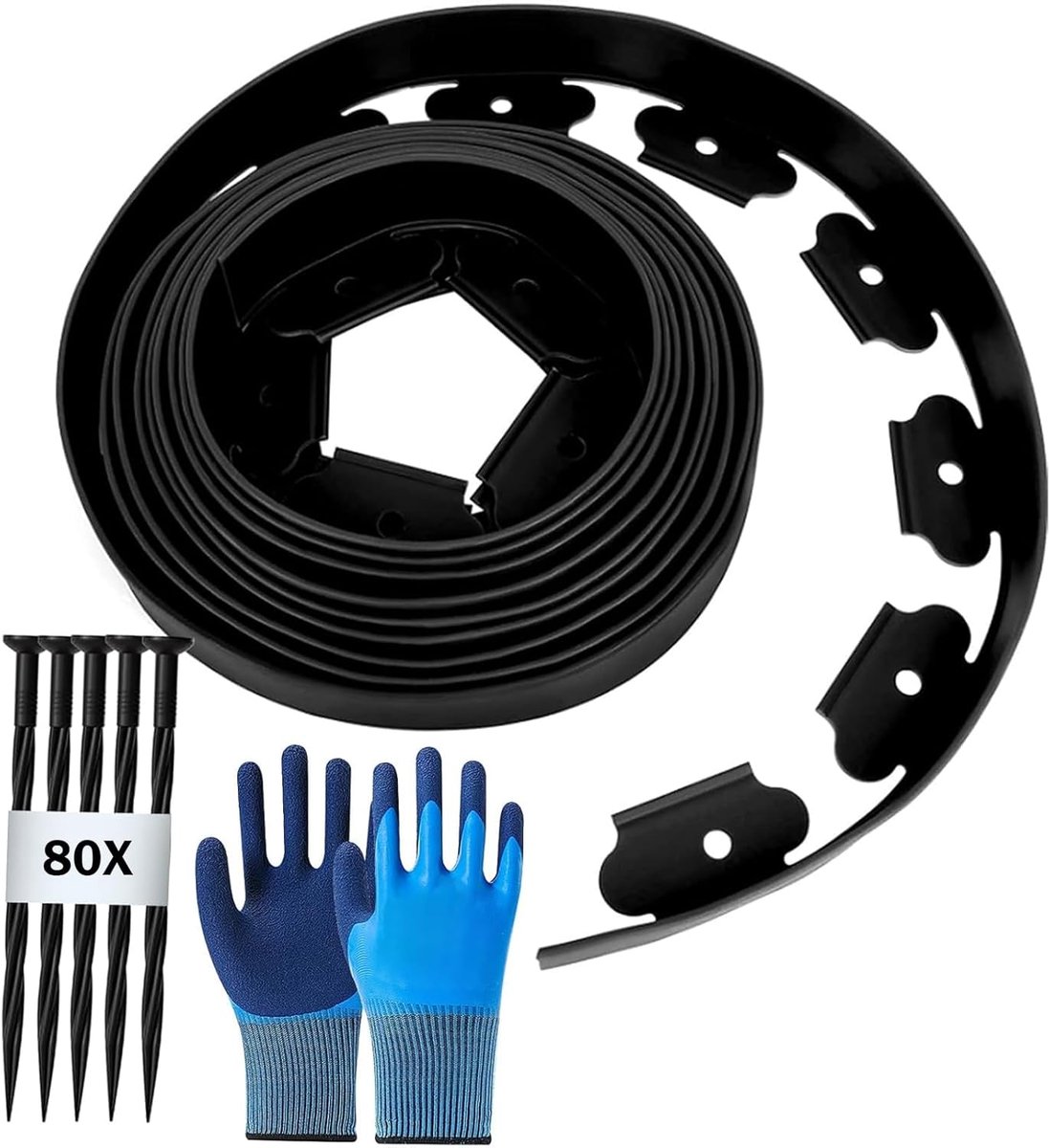 gazonrand van kunststof, lengte 10 m, hoogte 5 cm, met 80 grondankers + 1 paar handschoenen, zwart