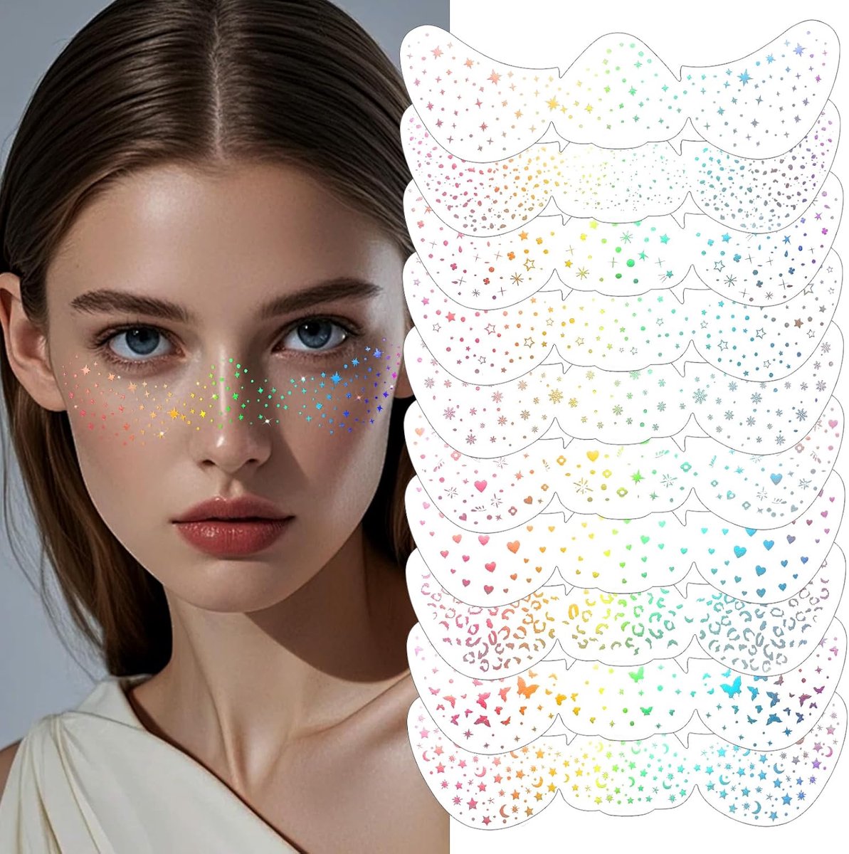 10 stuks holografische glitter bruisende gezichtstoeages, glitterstickers, glow-up matellic tijdelijke tatoeages, waterdicht, voor vrouwen en meisjes, carnaval, feesten, festivals make-up