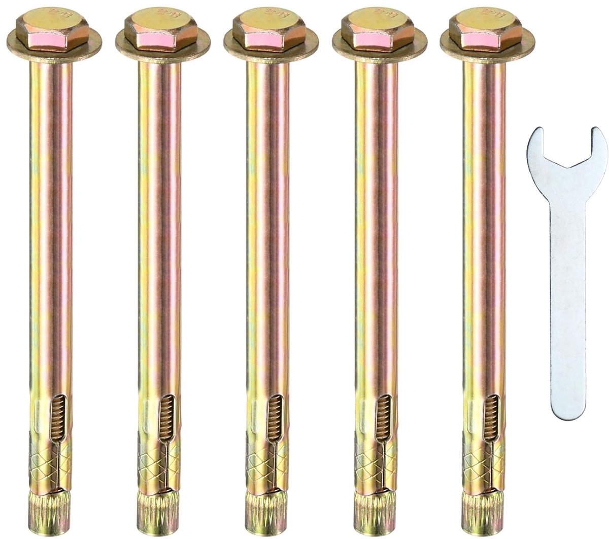 METERXITY 5 stuks zeskantige expansieschroeven, M10 x 150 mm, gekleurd verzinkt ijzer-koolstofstaal, met sleutel 17 mm, corrosiebestendige metalen bouten voor cement-/gipsplaten
