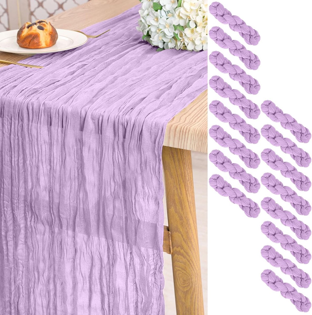 Set van 16 lichtpaarse gaas kaasdoek tafelloppers, 3 m lang, gaas boho bruiloft tafelloppers 54,6 x 304,8 cm voor bruiloft, bruidsdouche, feest, banket, decoratie