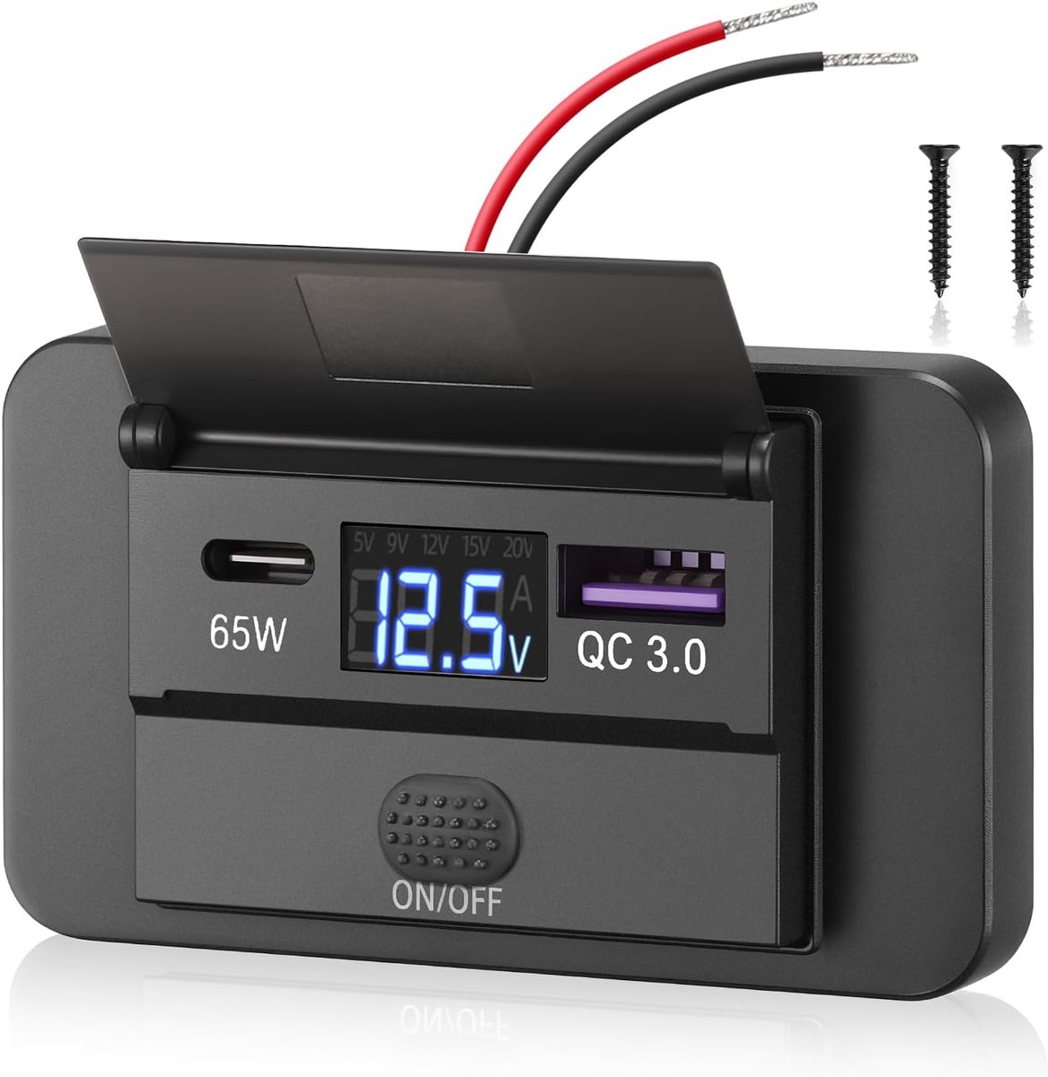 12 V USB C stopcontact oplaadaansluiting autolader mobiele telefoon snel opladen 65 W PD3.0 en 18W QC3.0 waterdicht met digitale voltmeter en schakelaar voor 12V-24V auto, boot, camper