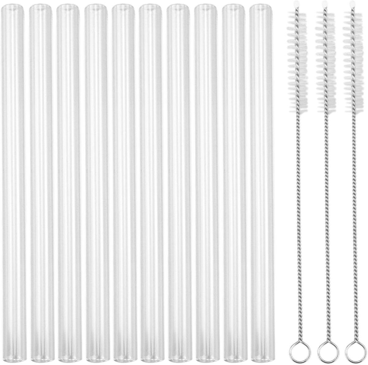 Set van 10 glazen rietjes, 10 x 150 mm, transparant, zeer robuust, vaatwasmachinebestendig, met 3 reinigingsborstels