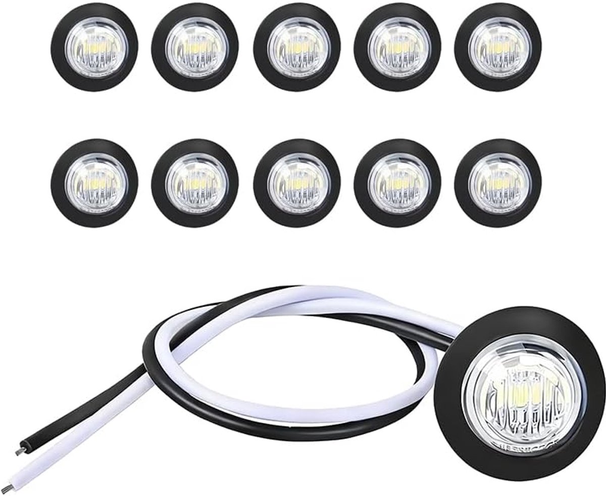 10 ledmarkeringslampen, rond, 12 V, voor ontlasting voor achter, sjabloonverlichting voor aanhanger, zijmarkeringslicht, witte zijindicatoren, waterdicht IP68, hoge helderheid