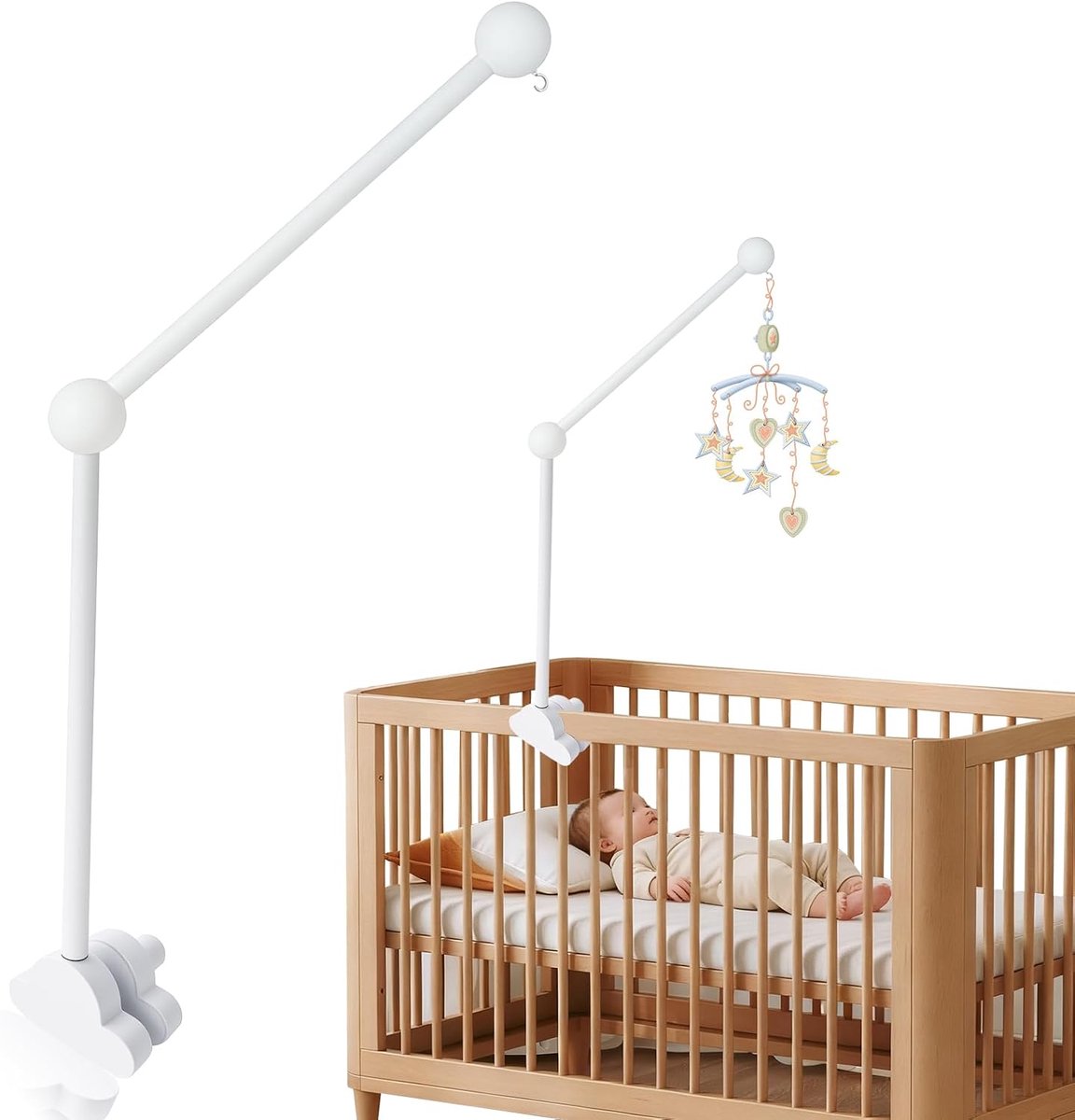 Houder voor babymobiel van hout, 360° draaibaar, basis in wolkvorm, ideaal voor babybedje en aankleedtafel, ophanging windgong (wit)