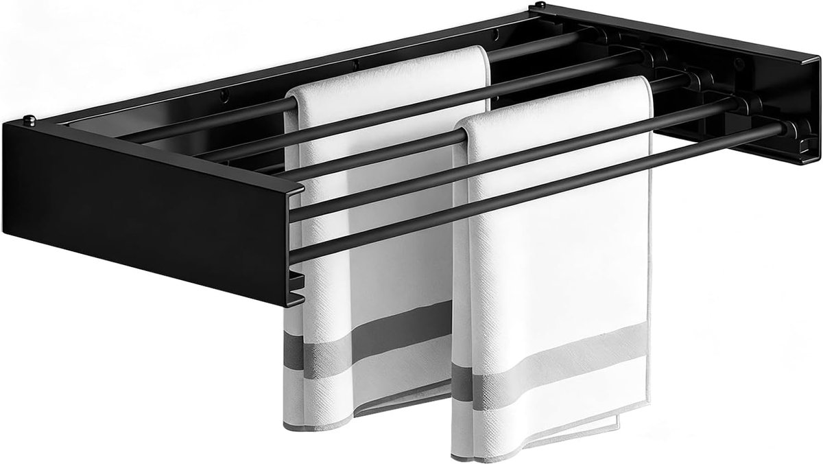 wandmontage, van koolstofstaal en aluminium, eenvoudig wasrek voor aan de muur, opvouwbaar, voor binnen en buiten, uittrekbaar voor balkon, zwart, zonder haak