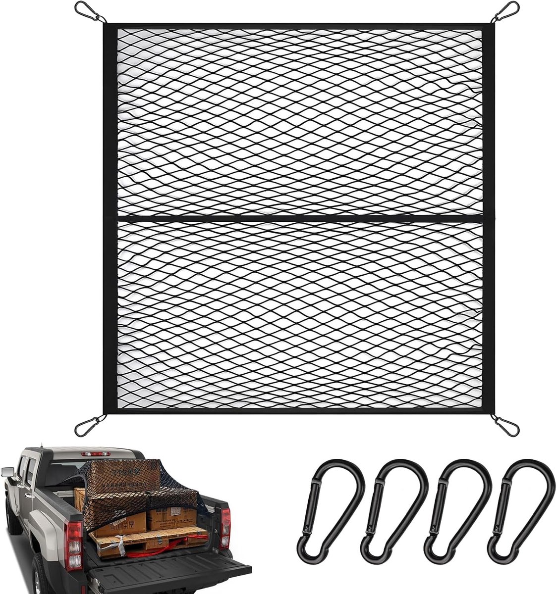 elastisch vrachtwagen laadnet voor pick-up 1,2x1,2m rekbaar tot 2,1x2,1m (één laag), eenvoudige vrachtwagen pick-up organizer voor dagelijkse lichte lasten (één laag)