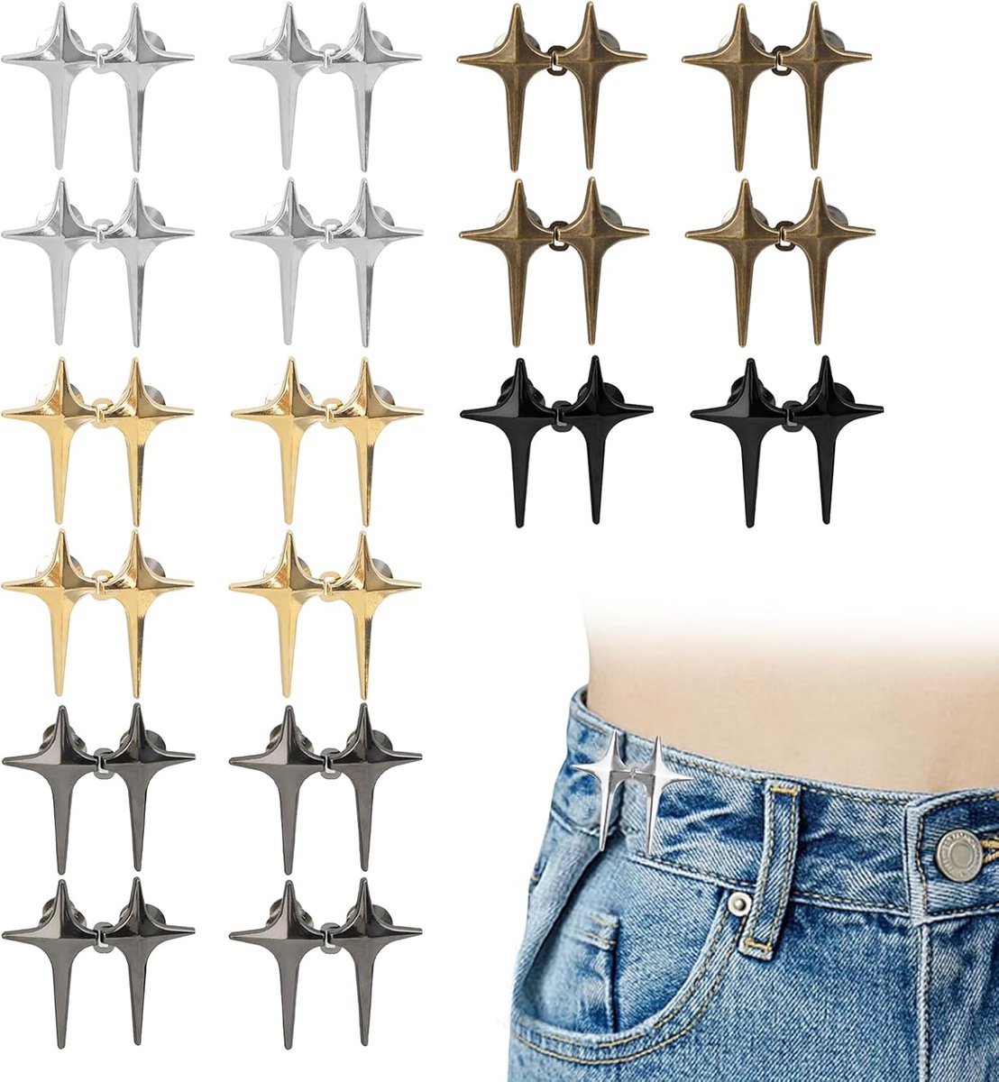 18 paar tailleverstellers voor broeken, broekverlenging, geen naaien of afneembaar gereedschap in kruisvorm, geschikt voor jeans, jurken enz. in 5 kleuren