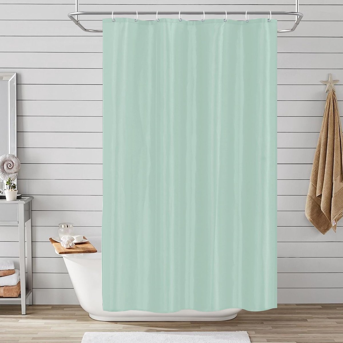 120x182 Polyester Badgordijn, anti-schimmel douchegordijn voor badkamer, gordijn voor badkuip en douche van stof, waterdicht en wasbaar, douchegordijn met 8 haken, groen