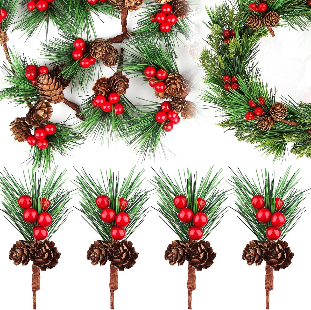 20 stuks kunstdennentakken met dennenappels en rode bessen, 11 cm decoratieve takken Kerstmis, kunstkersttakken, kleine dennentakken, decoratie voor doe-het-zelf kerstkrans, kerstboomdecoratie