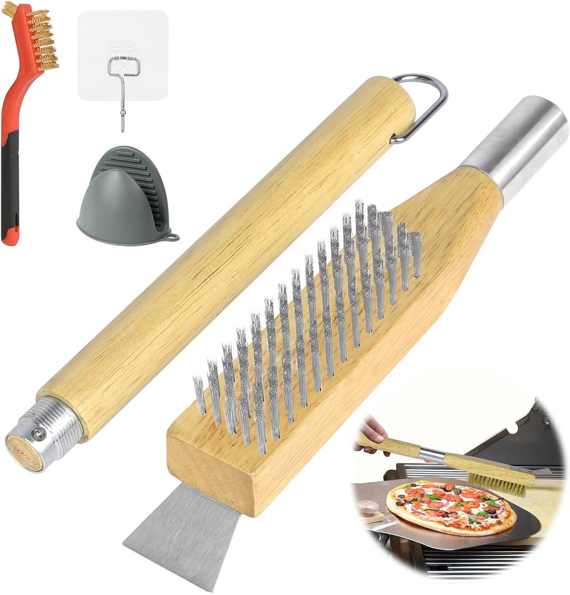 pizza oven borstel 50cm met stalen schraper en krasvaste messing borstelharen grillborstel, houten handvat pizzasteen borstelset grill reinigingsborstel voor gasgrill houtskoolgrill