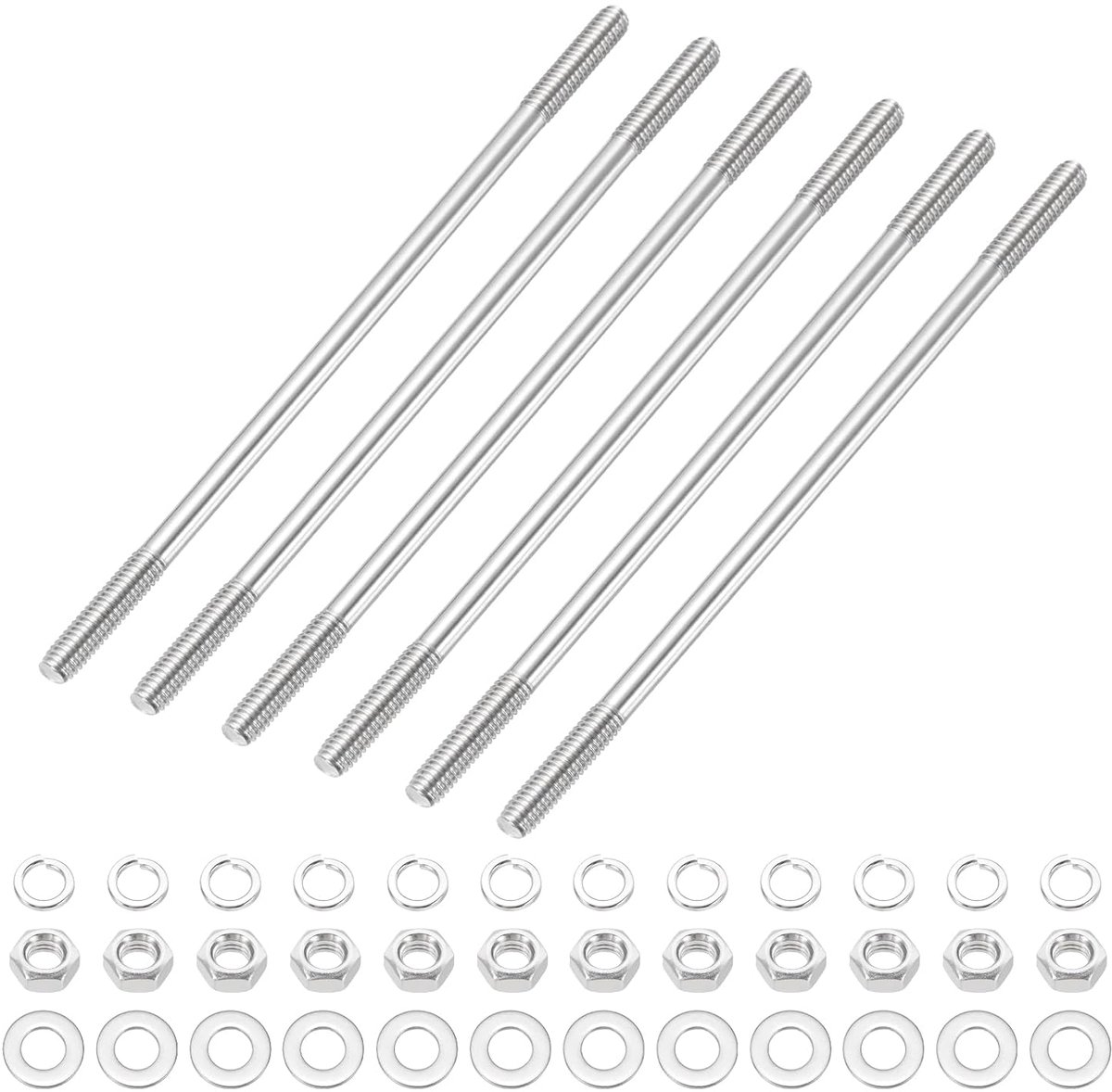 Set van 6 M4 x 100 mm Dubbeleindige Draadstangen 304 Roestvrij Staal Tweedraads Met moer en Sluitring Voor Huisonderhoud Structuurverankering Bevestigingsschroef