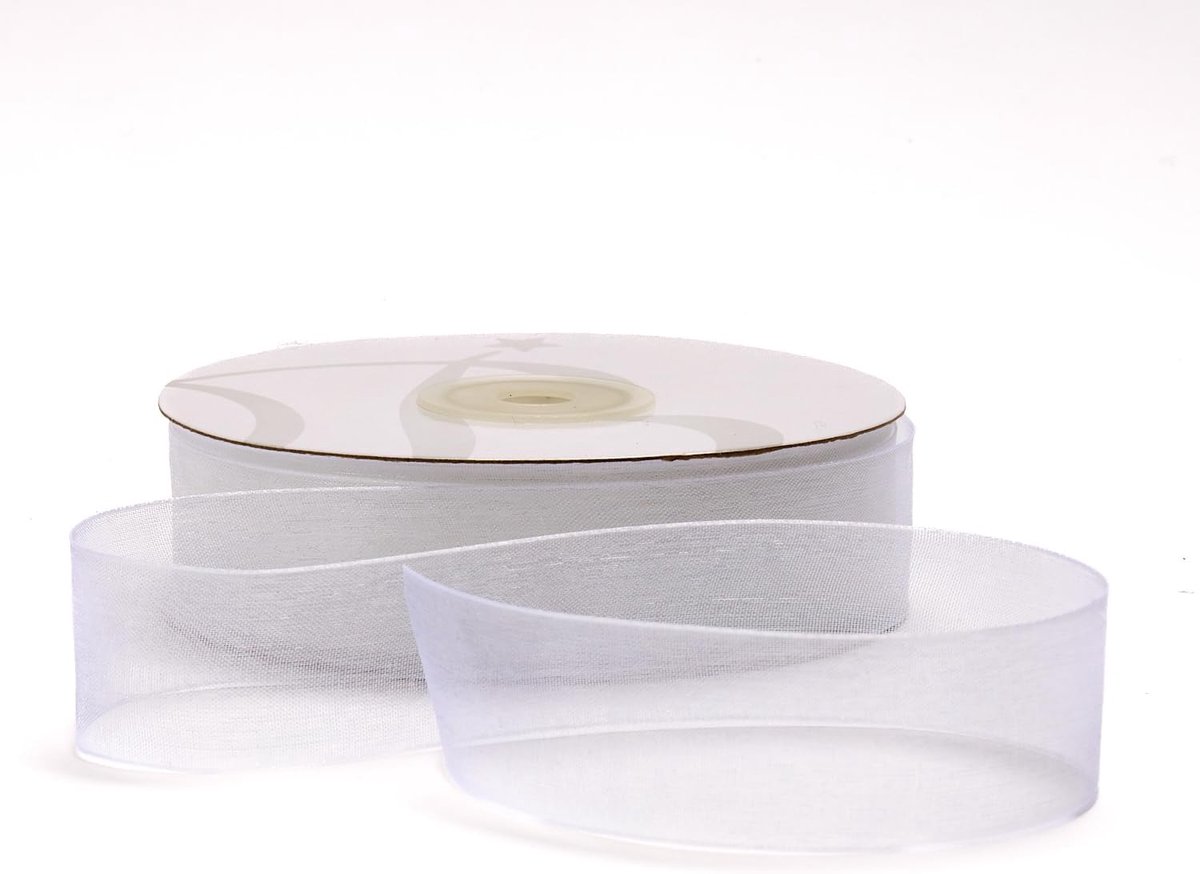 Organza lint 25 mm x 50 m, transparant, voor gastgeschenken, feesten, knutselen, bruiloft, verjaardag, handwerk, Kerstmis, decoratie (wit)