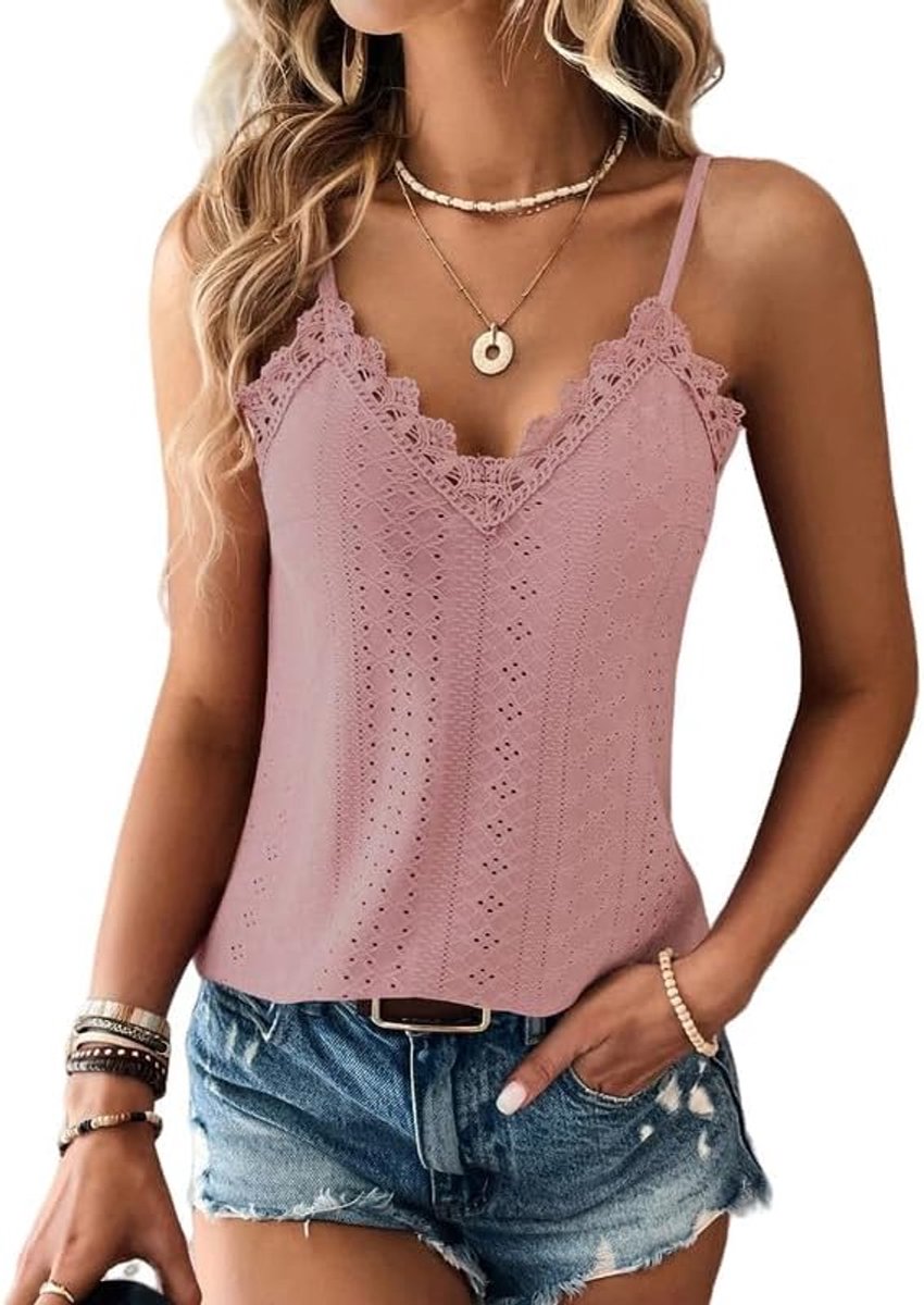 Vest Tops Dames Kanten Rand V-hals Dames Zomertops Tanktops Mouwloze Spaghettibandjes Cami Top Eyelet Borduursel Camisole Losvallende Blouse Shirt