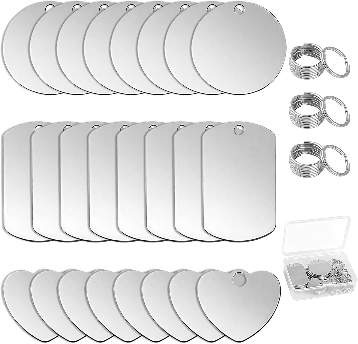 set met 24 hangers, graveerbare ruwe stukken van roestvrij staal met 24 sleutelringen, 3 vormen (hart, cirkel, dog tag) voor hondenmarkeringen, sieraden DIY, cadeaus, 1,2 mm dik