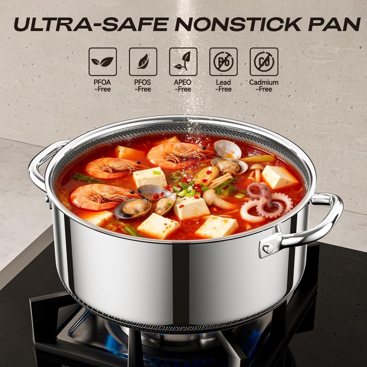 Steelpan met glazen deksel, anti-aanbak hybride 20cm/1,7 liter, roestvrijstalen voorraadpotten, koel blijvende handgreep, vaatwasser, PFAS PFOA & PTFE vrij, ovenbestendig tot 260 °C, geschikt