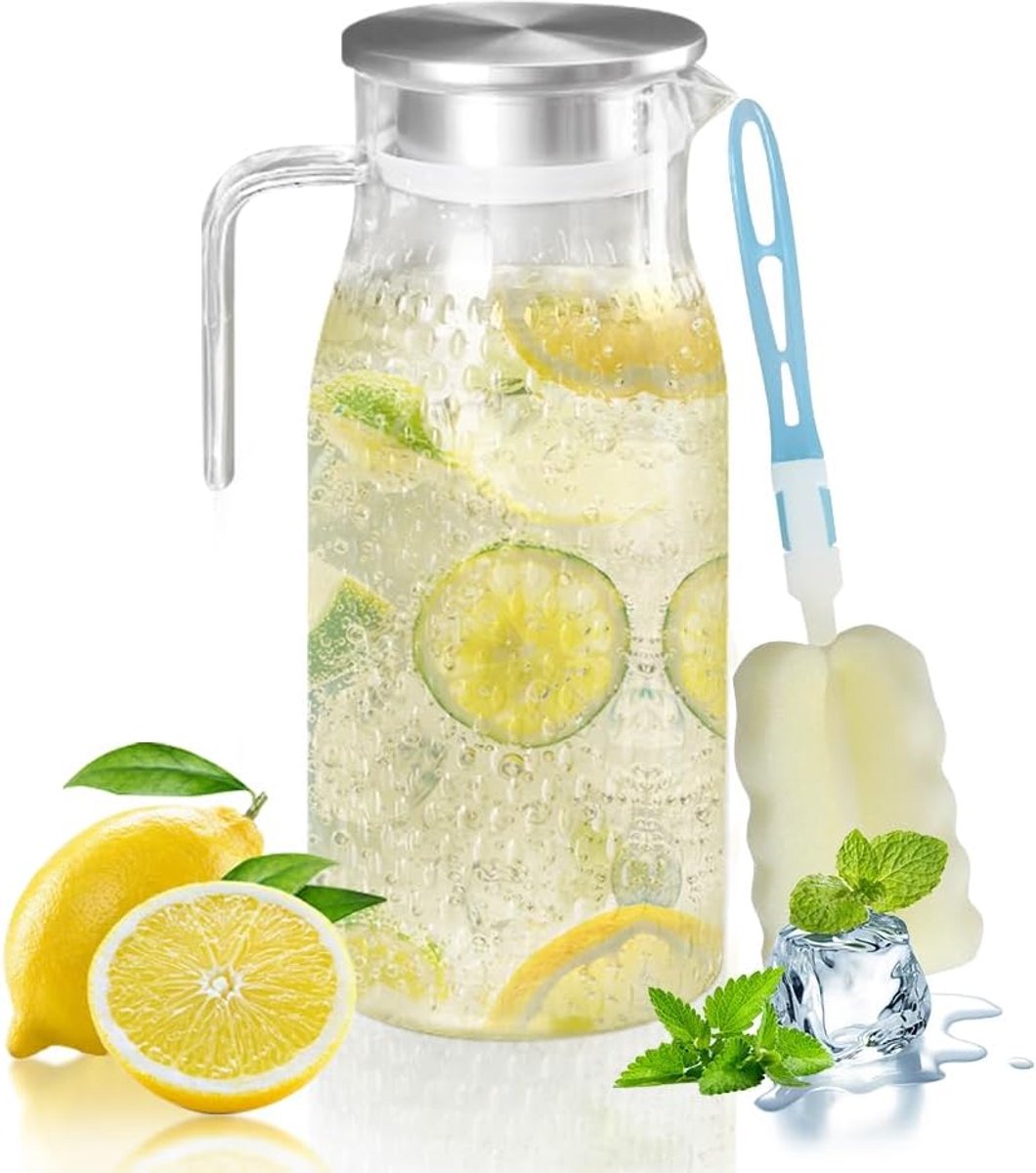 1 pakket 1,6L waterkaraf kan met roestvrijstalen deksel en handgreep, acryl transparante karaf kruik, waterkruik pitcher voor koelkast, gemakkelijk schoon te maken karaf glas voor melk (1 pakket 1,6L)
