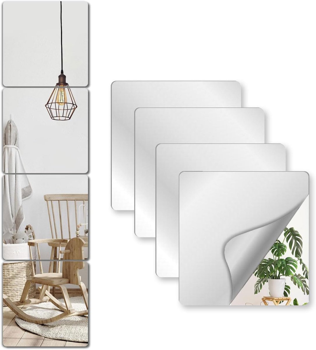 SnelShoppen - Pack van 4 Zelfklevende Spiegel Stickers, Acryl Spiegel Stickers voor Kast, Schokbestendige Wandspiegel, Kinderkamer, Spiegel Tegels, Ze