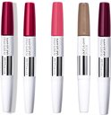 Vijf dubbelzijdige lippenstiften in rood, roze en bruin met witte en zilverkleurige hulzen.