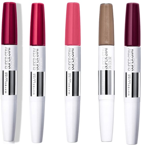 Vijf dubbelzijdige lippenstiften in rood, roze en bruin met witte en zilverkleurige hulzen.