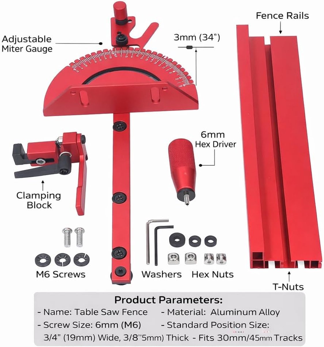 Verstekgeleider voor Tafelzaag, Aluminium, met Limietstop en Flip-Stop, Universeel Systeem voor 30mm/45mm T-track