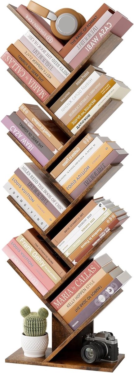 Boomboekenkast met 10 etages, 10 planken, onafhankelijke boekenkast, boekenrek voor tentoonstellingsboeken, opbergrekken voor boeken, voor thuiskantoor, woonkamer, rustiek bruin