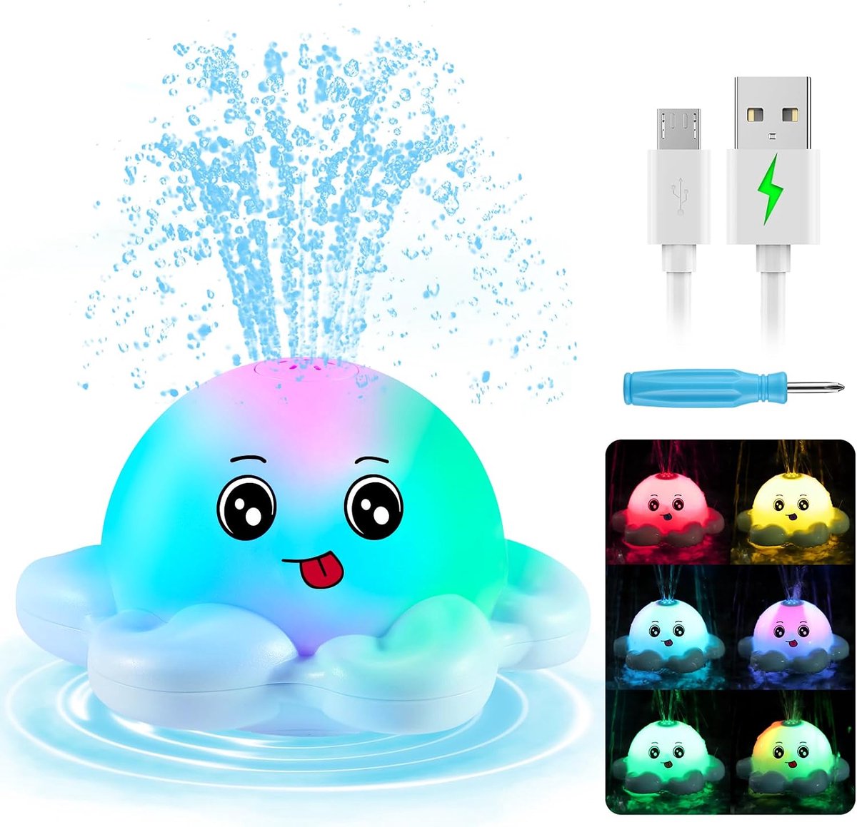 Badspeelgoed voor baby's, waterspeelgoed voor de badkuip, blauw | Navulbaar octopus badspeelgoed, automatische verstuiver, lichtgevend cadeau, badspeelgoed voor baby's en peuters
