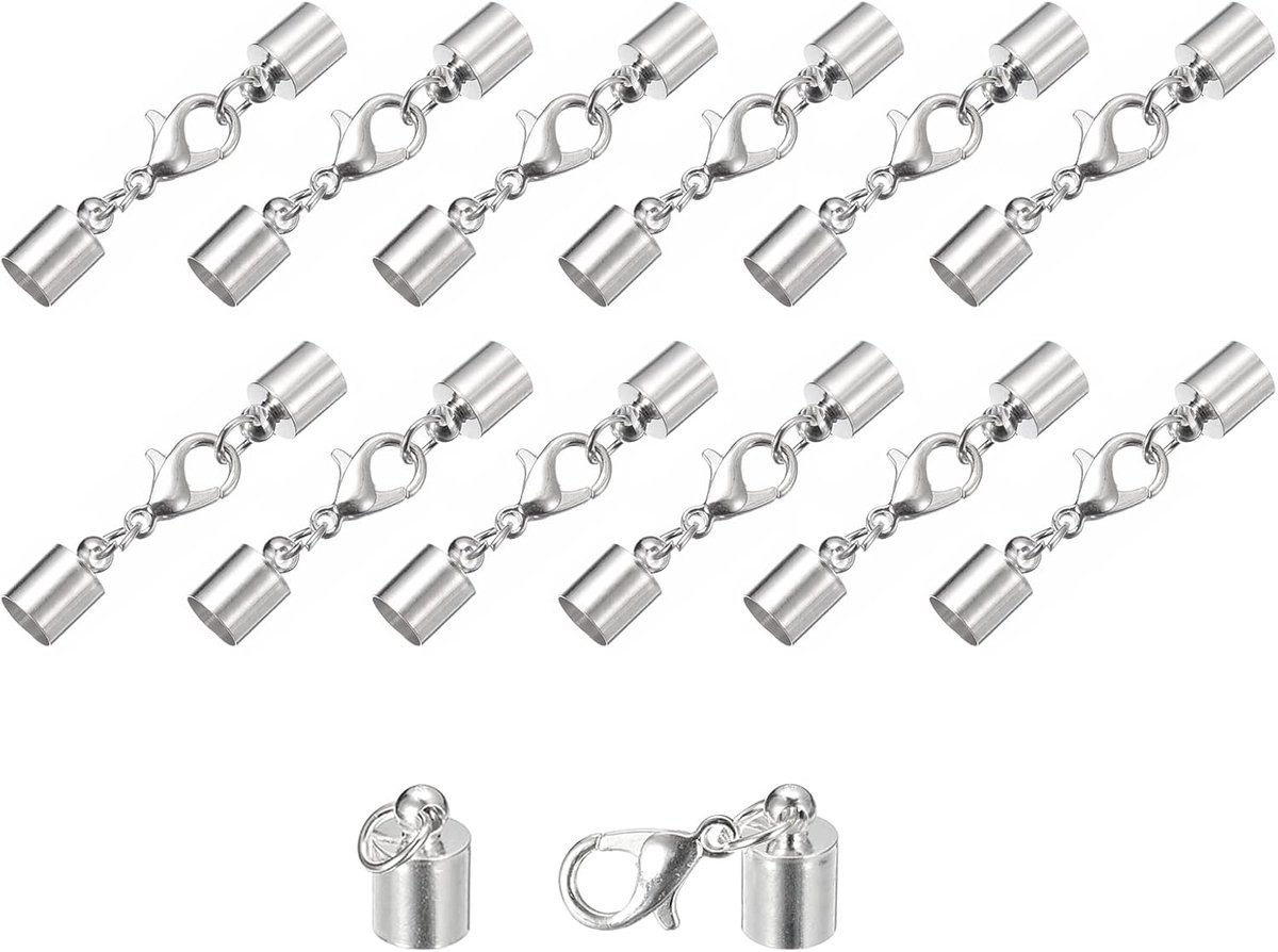 sourcing map 20 set 6 mm leren koord eindkappen met kreeftsluiting klemmen cilinder eindstukken voor doe-het-zelvers maken lederen armbanden zilverkleurig