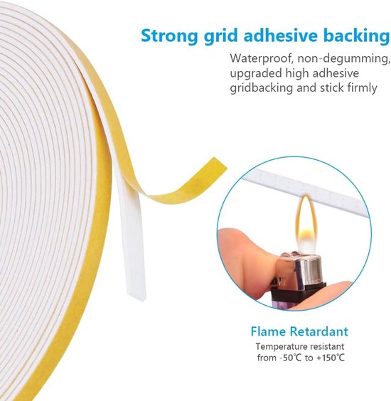 20 m tochtstrip, 6 mm (B) x 1,5 mm (T) weerstrippen schuimafdichtingstape, zelfklevende schuimtape deurraamafdichtingsstrip, anti-botsing, schokbestendige meubelbeschermende — afbeelding 3
