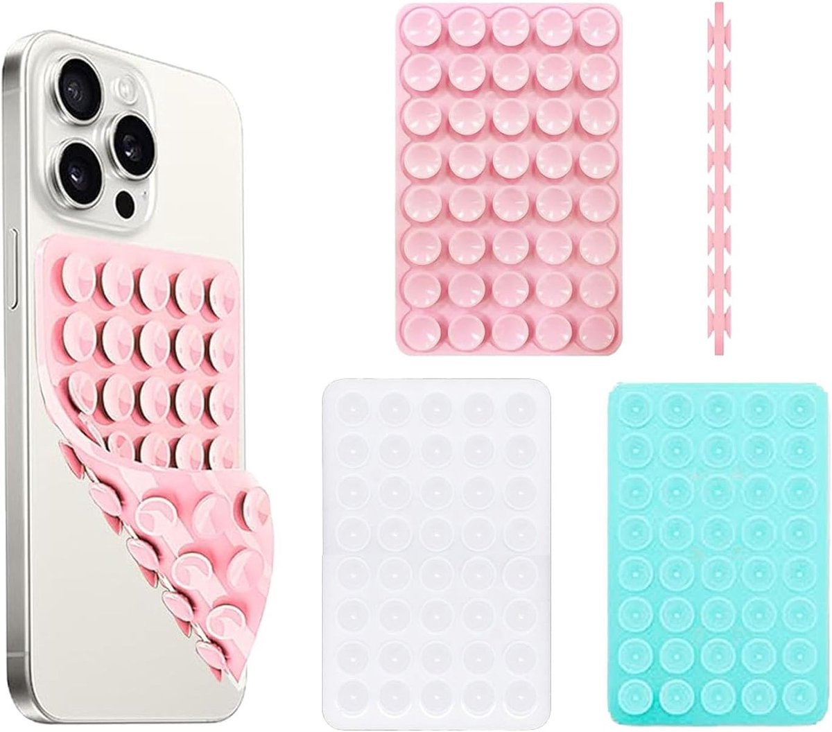 3 stuks mobiele telefoonhouder met zuignap, handsfree, antislip, voor selfies en vide (wit, roze, groen)