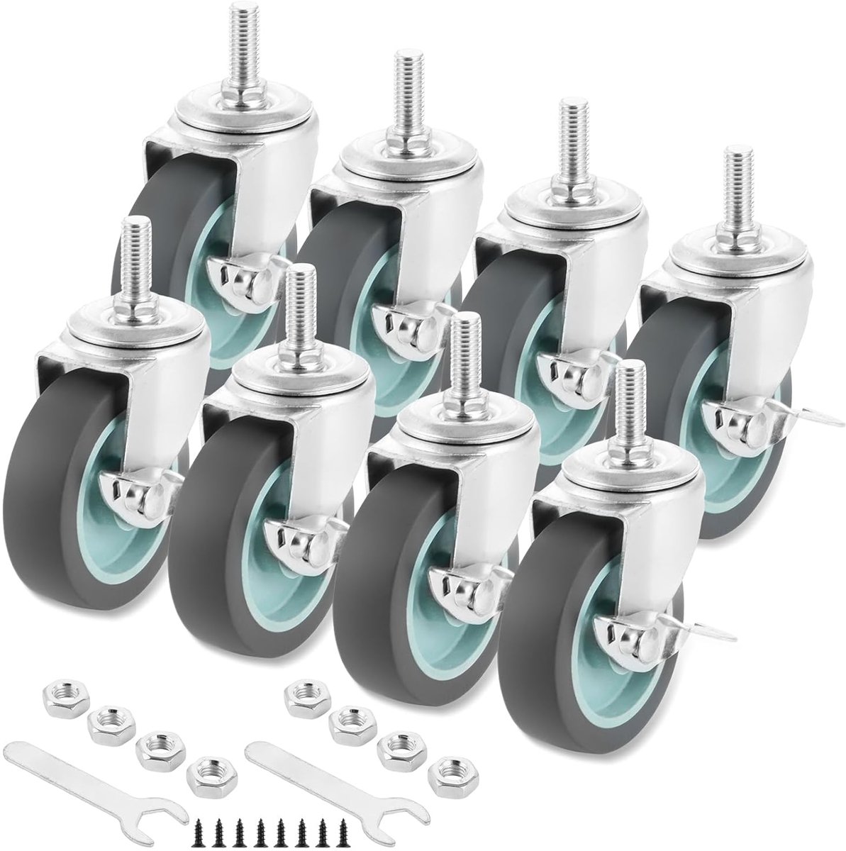 Zwenkwielen, 8 stuks, 75 mm, zware wielen met vergrendeling, wielwielen, zware belasting voor meubels, meubelwielen, rubberen wielen M10 x 25 mm (schachtdiameter 10 mm, schachtlengte 25 mm