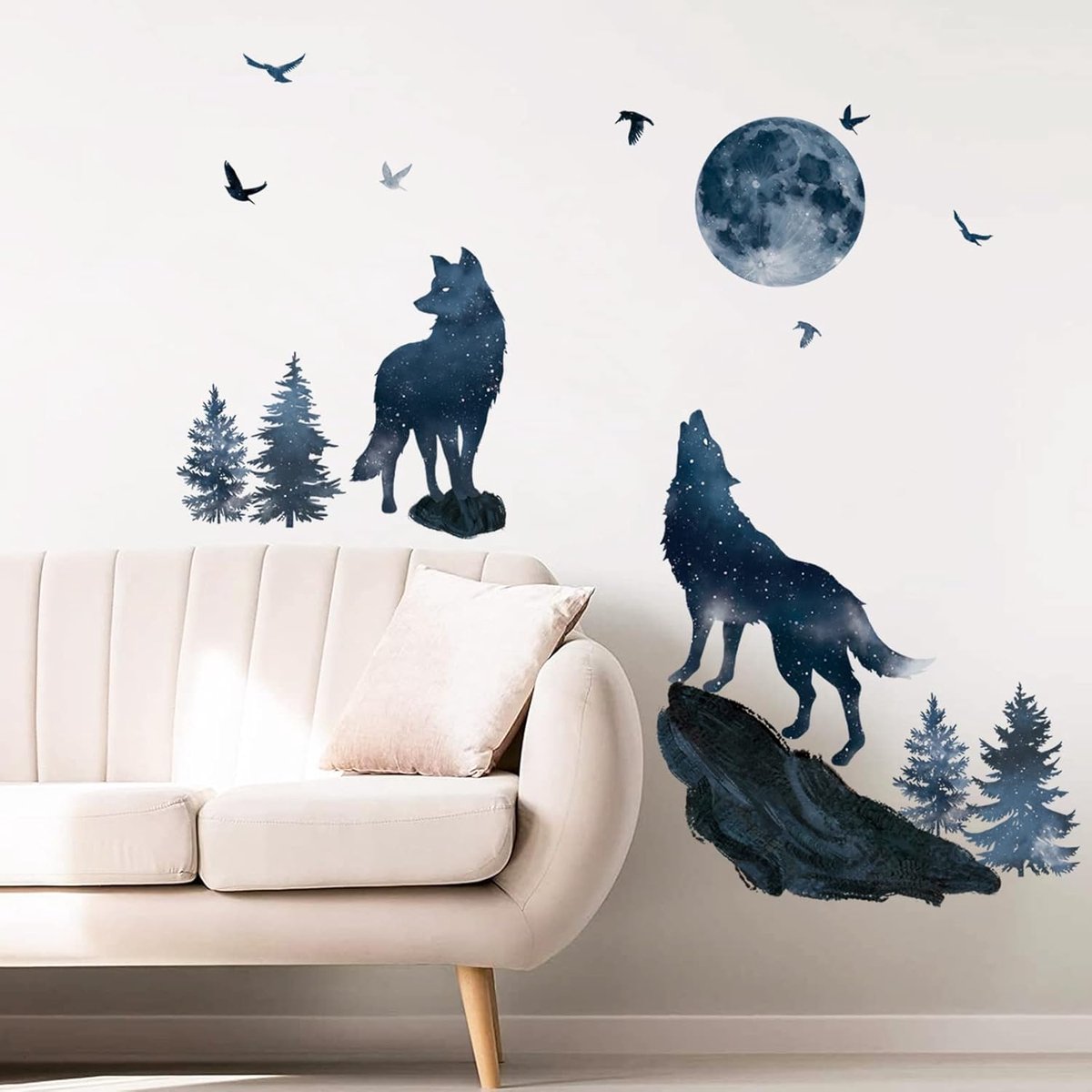 wondever Muursticker Wolf met maan muursticker dieren wolf familie muursticker wanddecoratie voor kinderkamer woonkamer slaapkamer