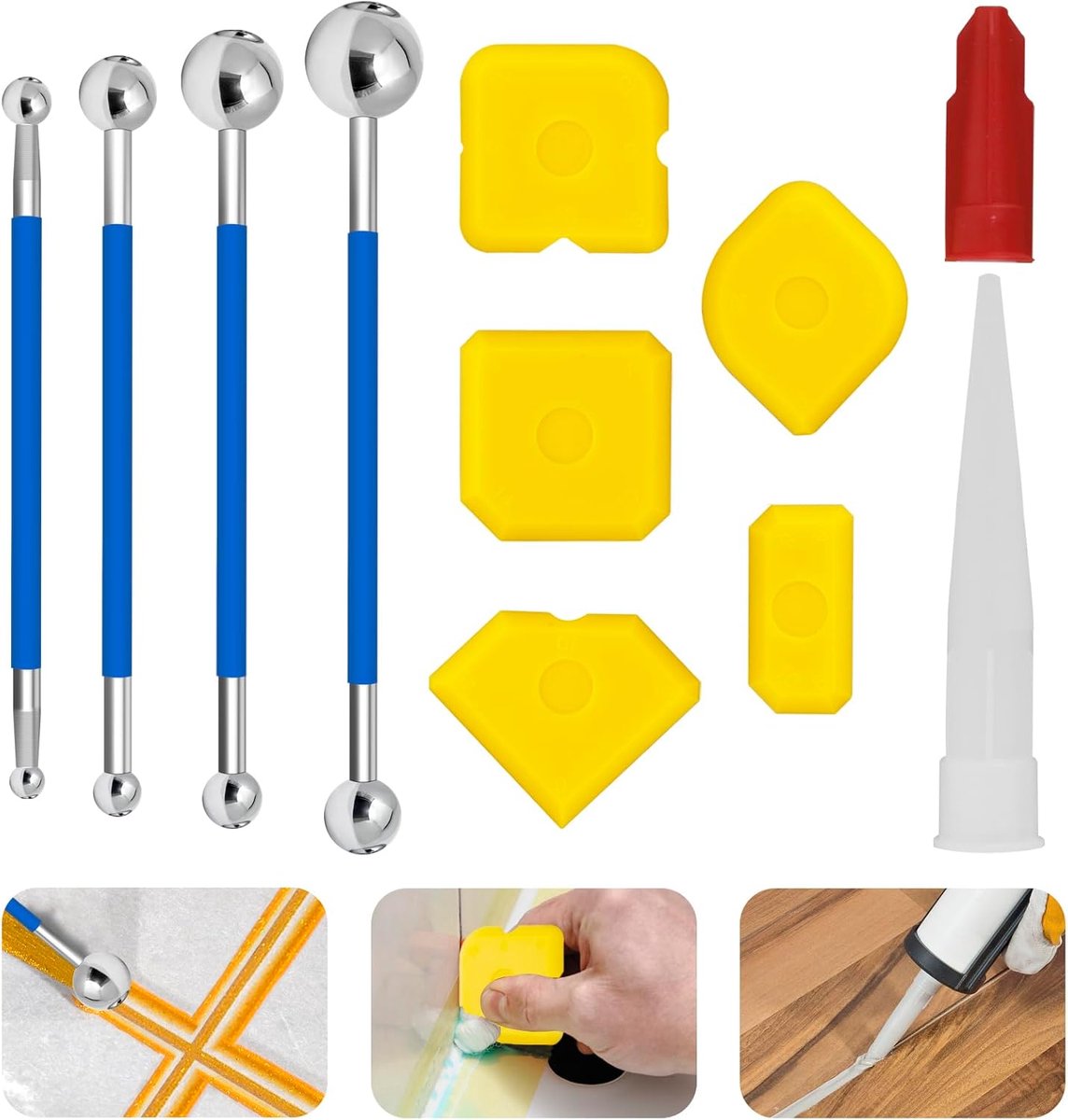 13 stuks siliconen voegentrekker, kogel, siliconen voegengladder, gereedschap, schraper, caulking gereedschap, 3-in-1 siliconen trekker, kit, metalen voegentrekker, afdichtingsgereedschap voor