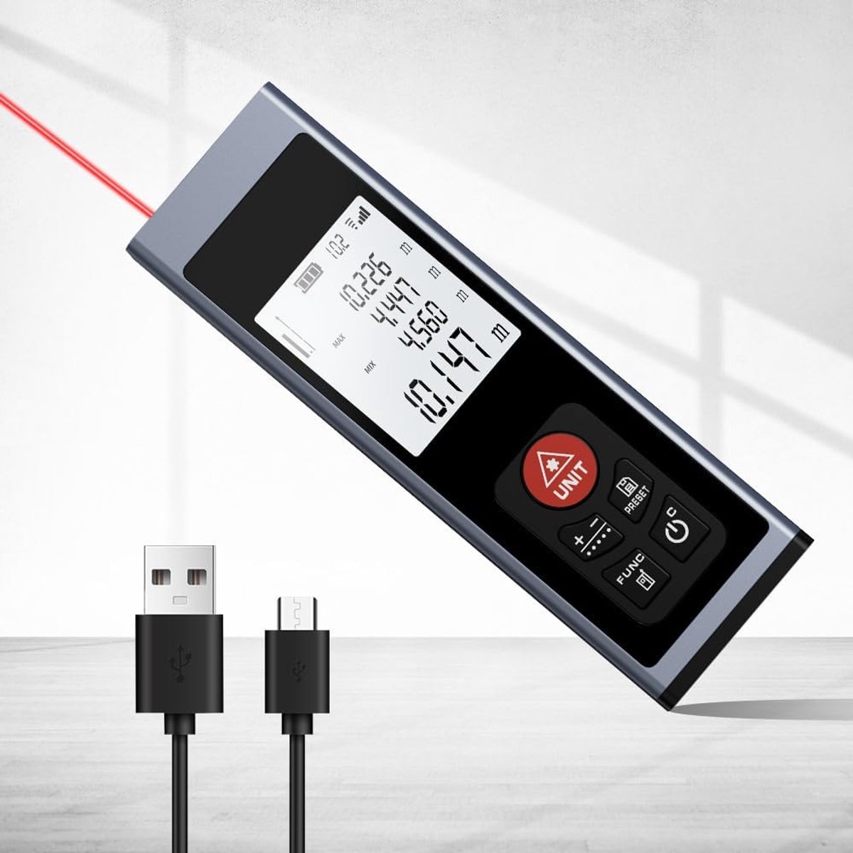 Professionele afstandsmeter, laserafstandsmeter met M/In/F elektronische waterpas LCD-achtergrondverlichting Afstand/gebied/volume/Pythagoras/continu en USB C oplaadbaar