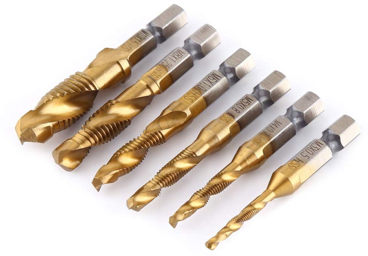 Set van 6 metrische schroefdraad, M3-M10, titaniumcoating, HSS-boorbits, 1/4 inch zeskantige schacht