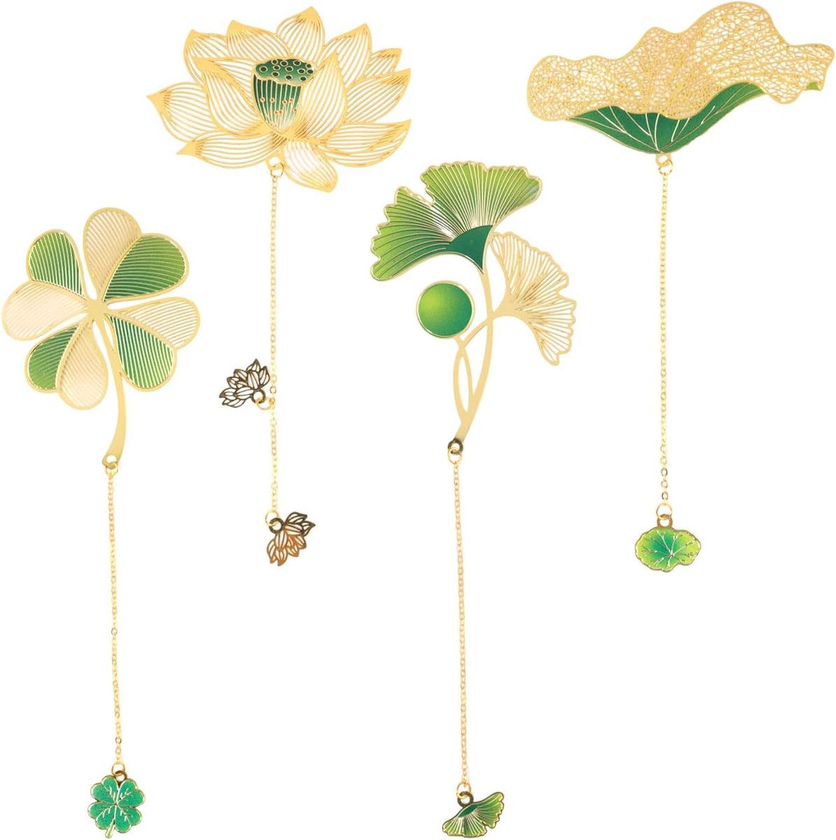 4st Metalen Bladwijzer, Kettingbladwijzer Mooi Metalen Bladwijzer met Lotus Klavertje Vier Ginkgo Lotusblad Hangende Bladwijzer voor Lezer Boek Leraar Schrijvers Verzamelaar Cadeau
