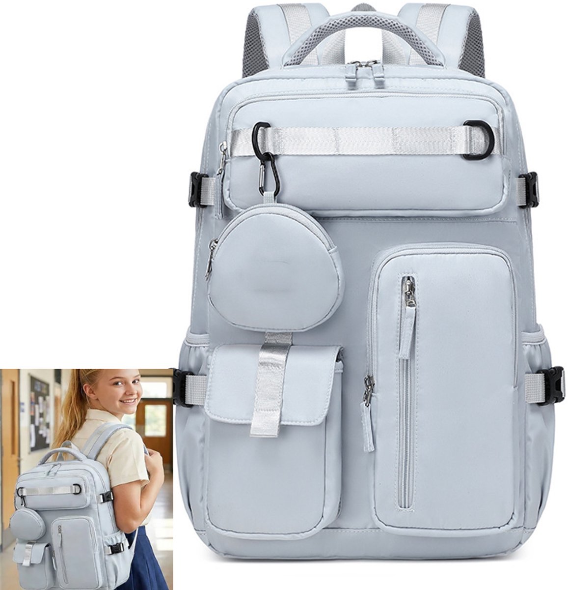 KZQ Grote studenten rugzak met schoenenvak en laptopcompartiment - 15.6 inch schooltas met meerdere vakken en muntenzakje - Grijs