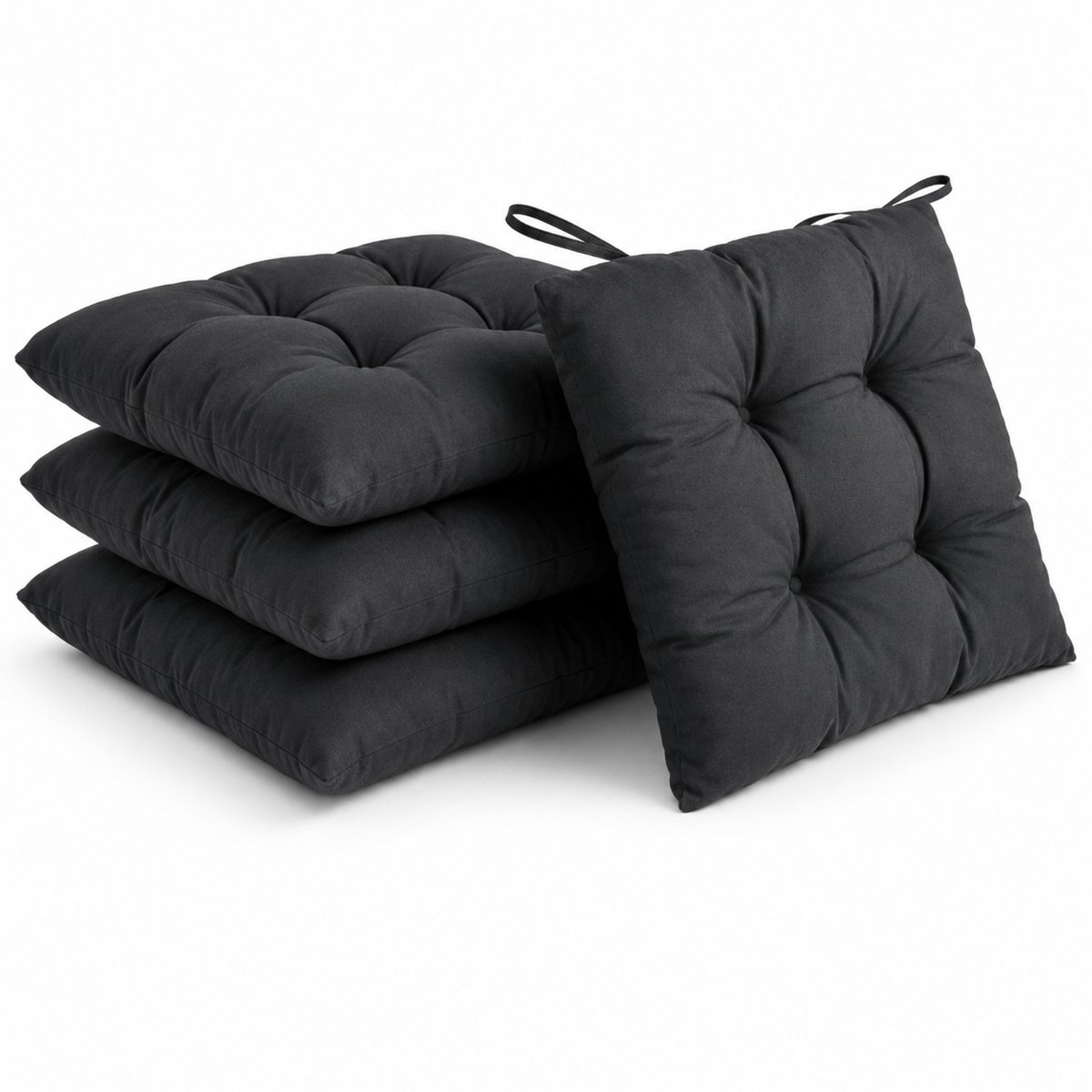 Tuinstoelkussens set van 4 – 39 x 39 cm – Zwart – Tuinkussen Met banden - Buiten Kussen