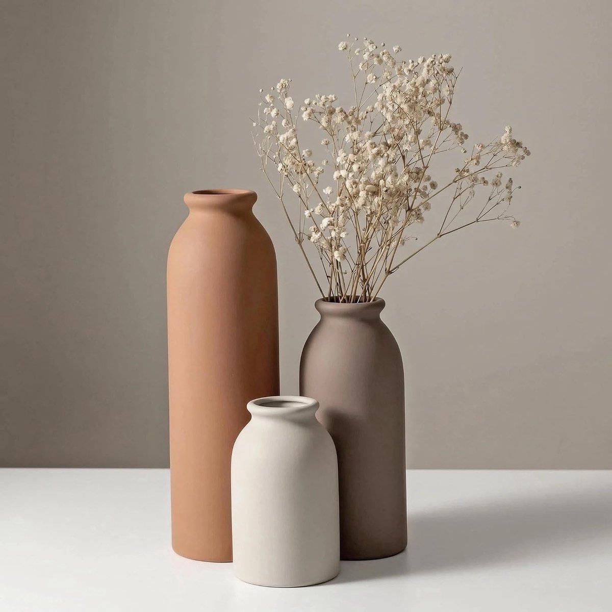 SnelShoppen - Moderne matte keramische vazenset 3-delig, decoratieve flesvorm, minimalistische bloemenvazen in warme kleuren voor woonkamer en interie