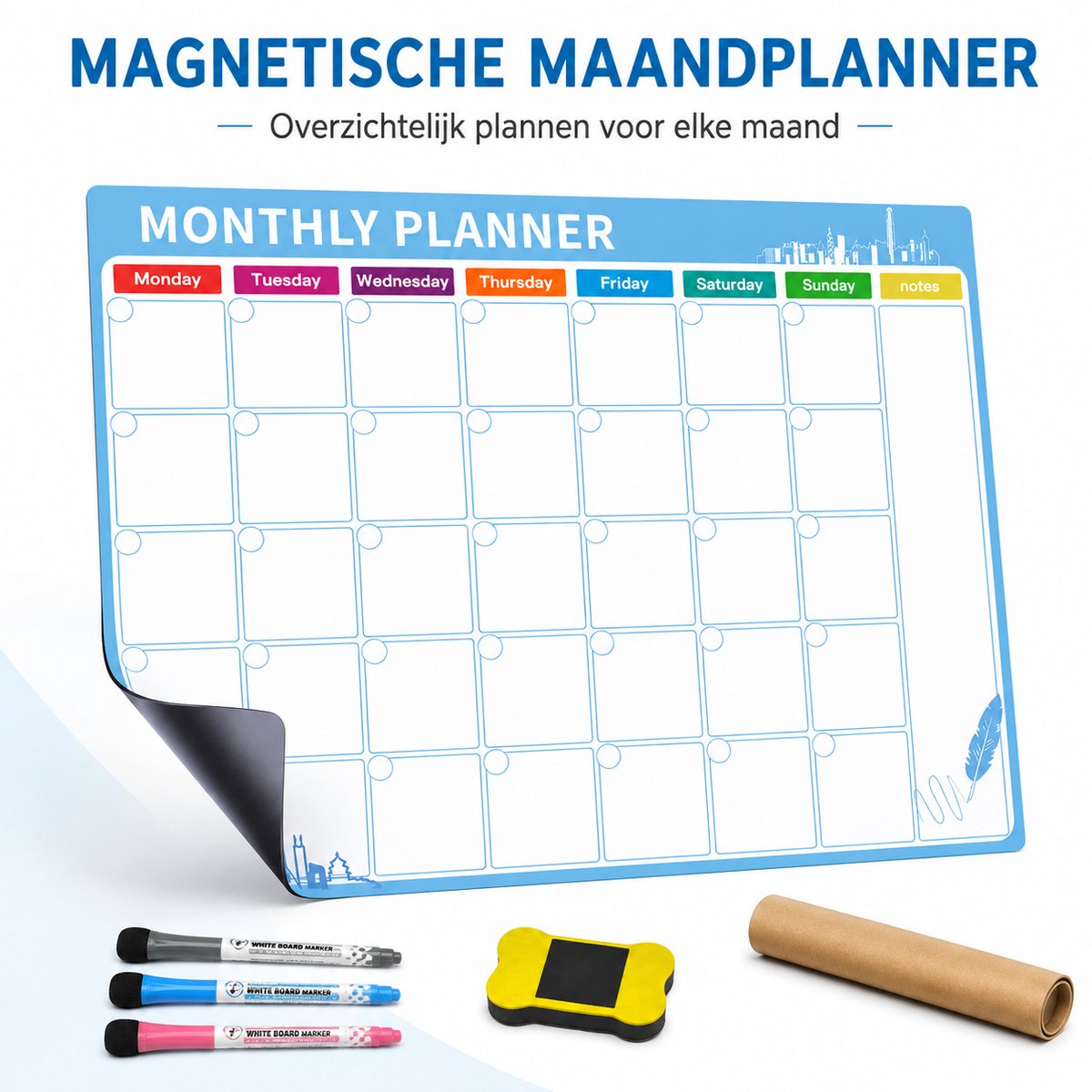 YYchan Whiteboard Weekplanner Magnetisch-Magnetische Maandplanner-A3 Formaat-42*30cm-Afwasbaar-3 stiften/1 bordenwisser-Familieplanner-Gezinsplanne