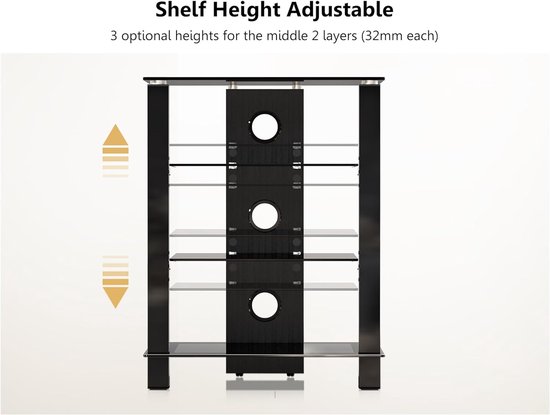 FITUEYES Hifi-meubel - Hifi Rack - 4-laags gehard glas - Hoogte verstelbaar - Kabelbeheer — afbeelding 3