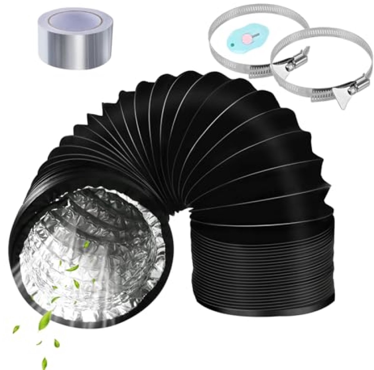 PromoHome Flexibele afvoerslang aluminium/PVC 125 mm x 2 m voor afzuigkap droger keuken met klemmen en aluminium tape