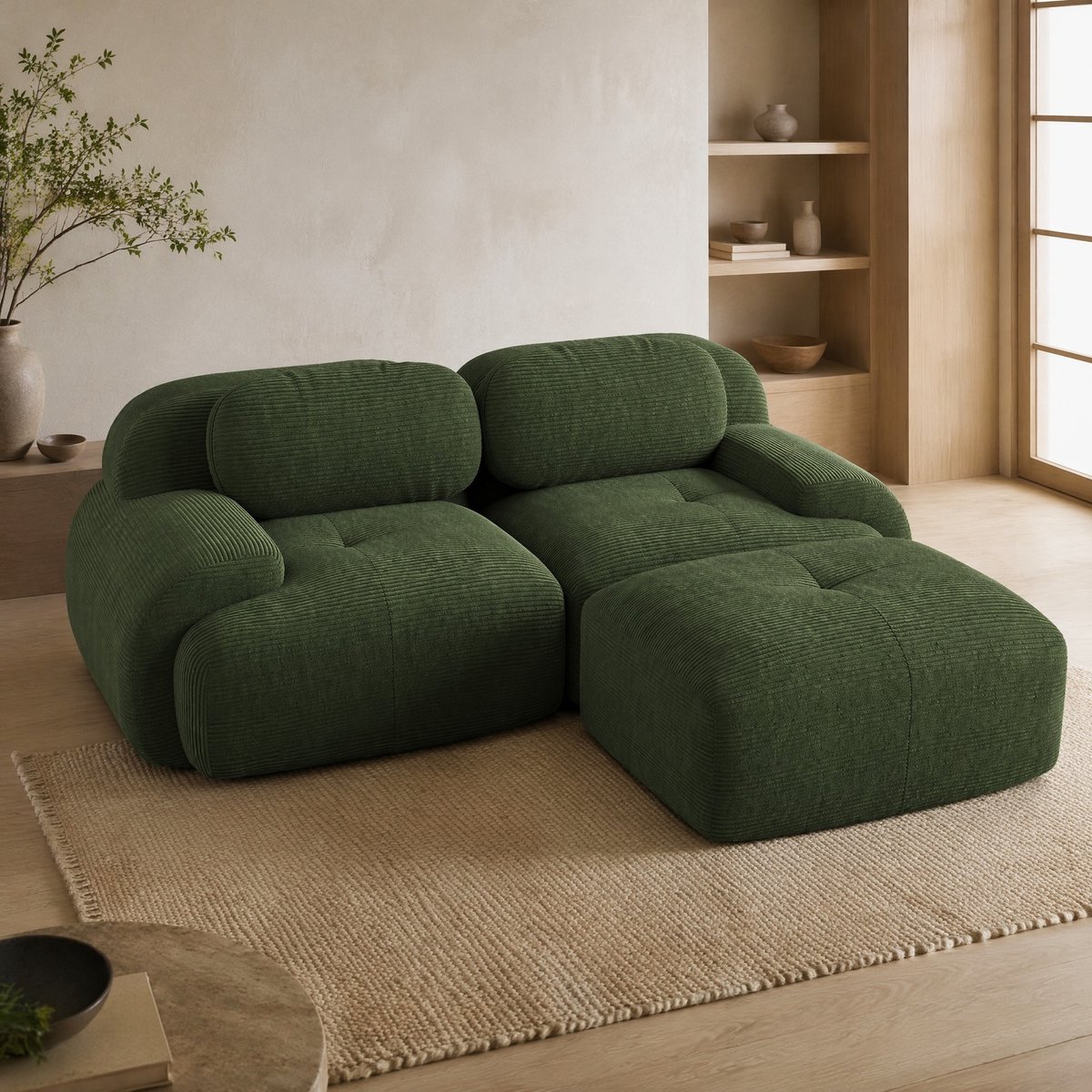 COVREO Hoekbank 208x178x75 cm – groen corduroy, modulair, zonder montage
