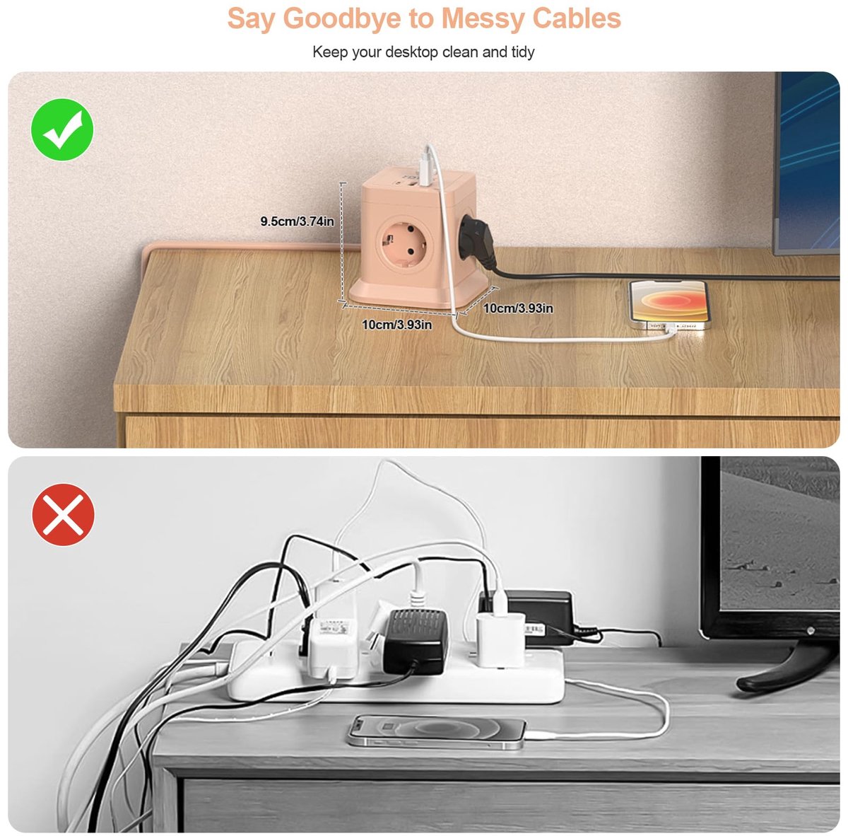 SnelShoppen - 7-in-1 Cube Stekkerdoos USB met Schakelaar, 5 Stopcontacten en 4 USB Poorten, Roze, 2500W/10A Meervoudige Stekkerdoos met Overspanningsb