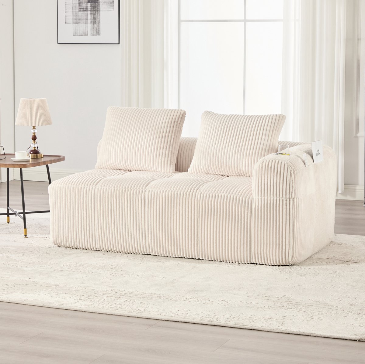 COVREO 2-zits bank 158x93x61 cm beige corduroy met opbergvakken en bekerhouders