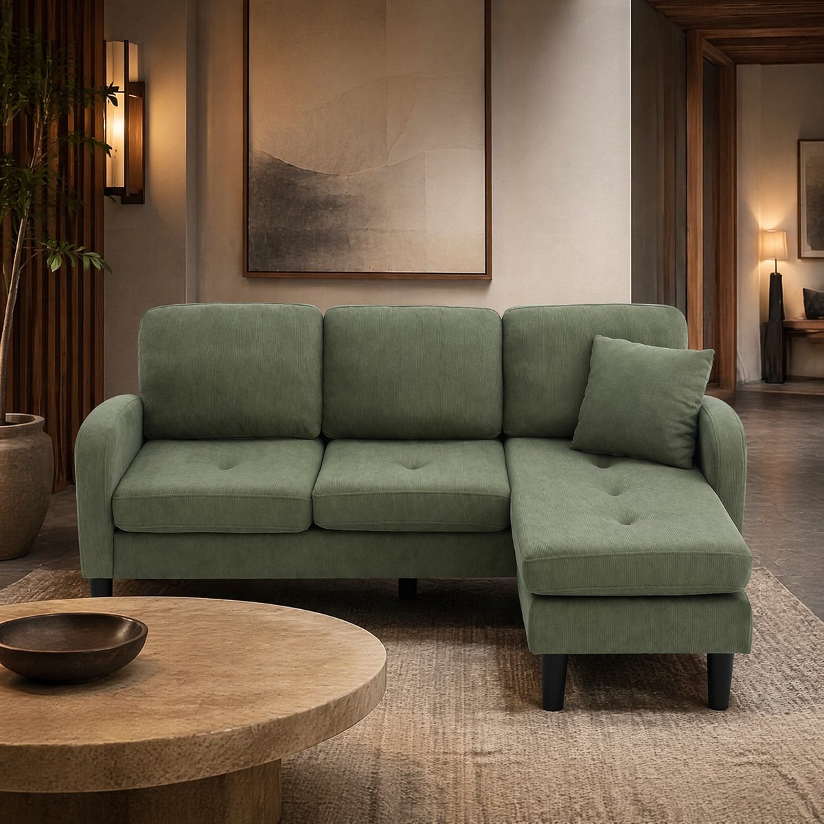 COVREO Hoekbank 166 x 118 x 77 cm - cordstof, kunststof poten, modulair, groen