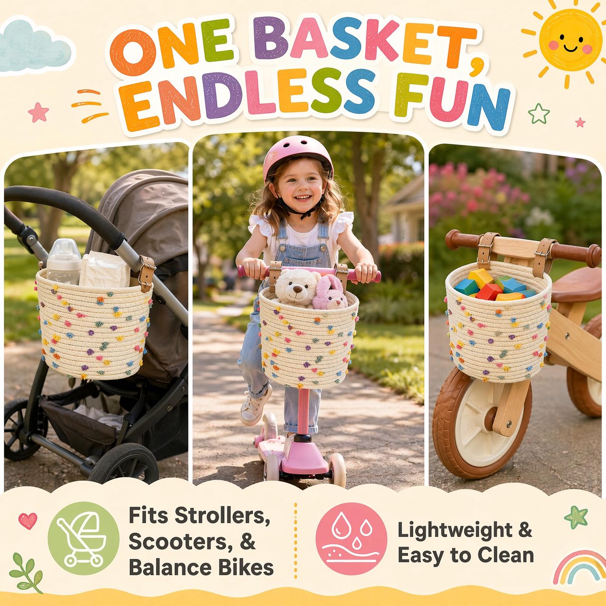 SnelShoppen - Kids Fietstas voor Jongens en Meisjes, Woven Sisal Rieten Fietstas Kinderen, Lichtgewicht Decoratieve Opbergmand met Verstelbare PU Band